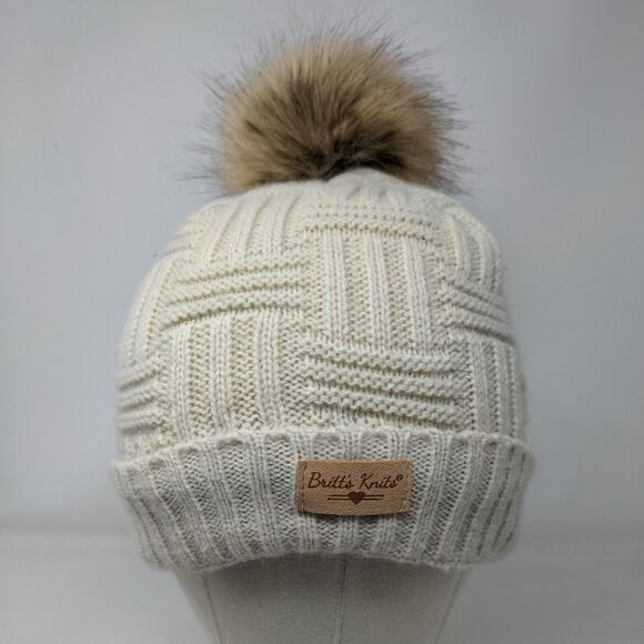 Britt's Knits Beanie Hat Cream One Size Hand Knitted Faux Fur Pom Pom - Picture 2 of 9